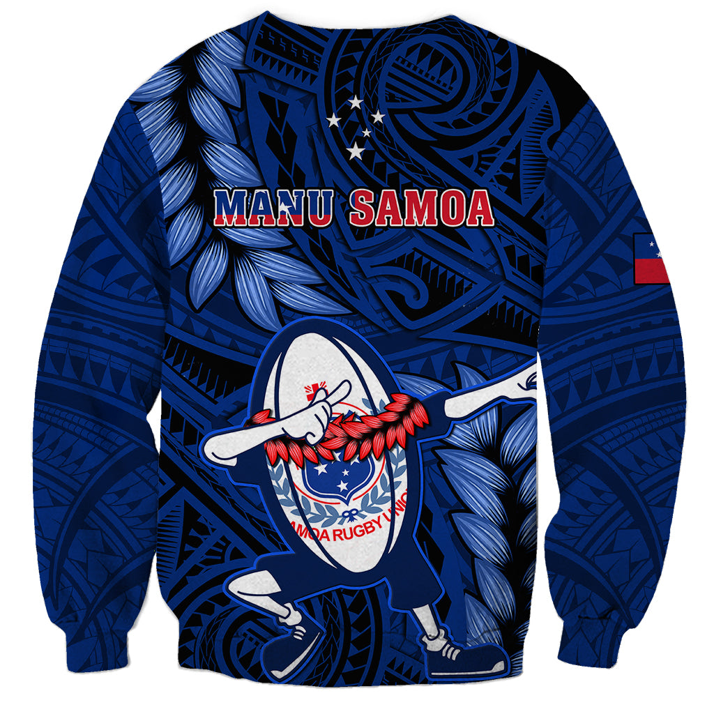 Blue rugby sweatshirt with Manu Samoa back print, dabbing figure, leaf pattern