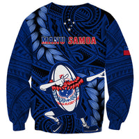 Blue rugby sweatshirt with Manu Samoa back print, dabbing figure, leaf pattern