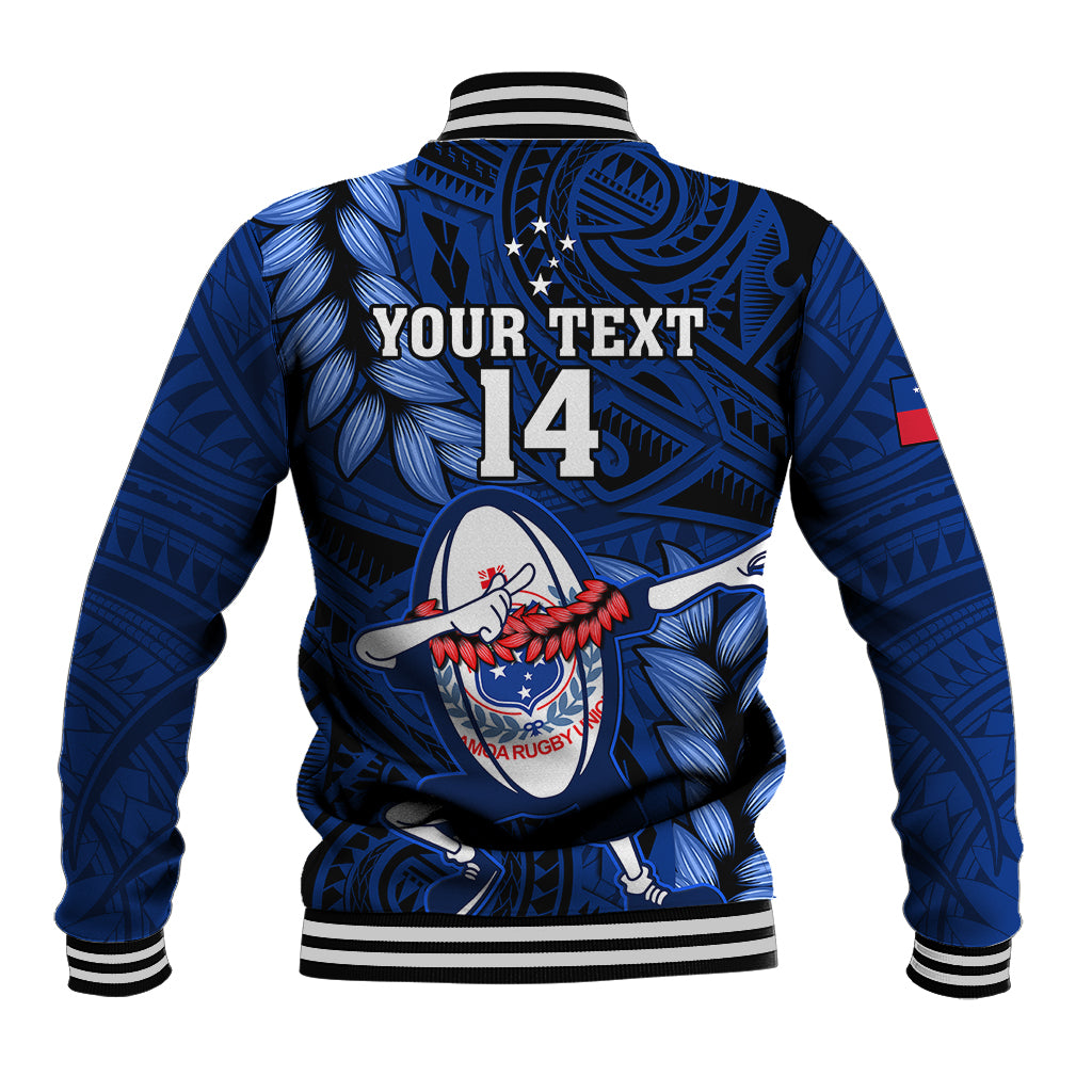 Blue rugby baseball jacket back with YOUR TEXT 14 and winged crest graphic