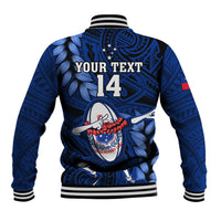 Blue rugby baseball jacket back with YOUR TEXT 14 and winged crest graphic