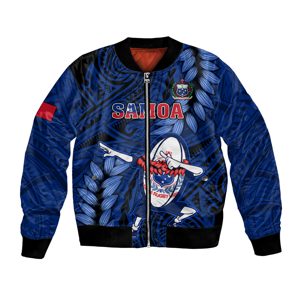 Blue bomber jacket with zipper, leaf pattern, Samoa patch, ribbed cuffs and hem
