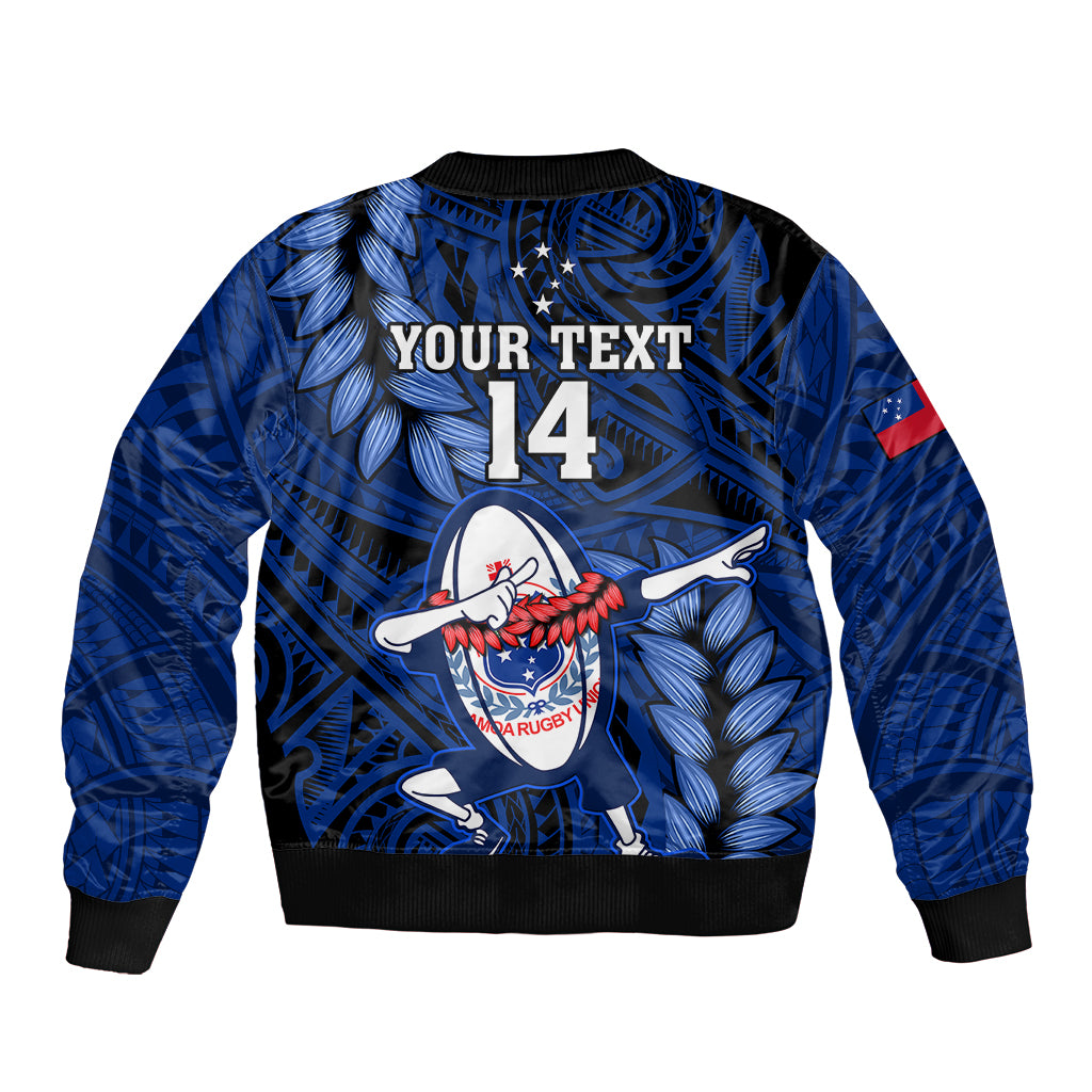 Blue bomber jacket back with YOUR TEXT 14, dabbing rugby graphic, leaf pattern, ribbed cuffs