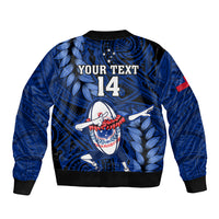Blue bomber jacket back with YOUR TEXT 14, dabbing rugby graphic, leaf pattern, ribbed cuffs