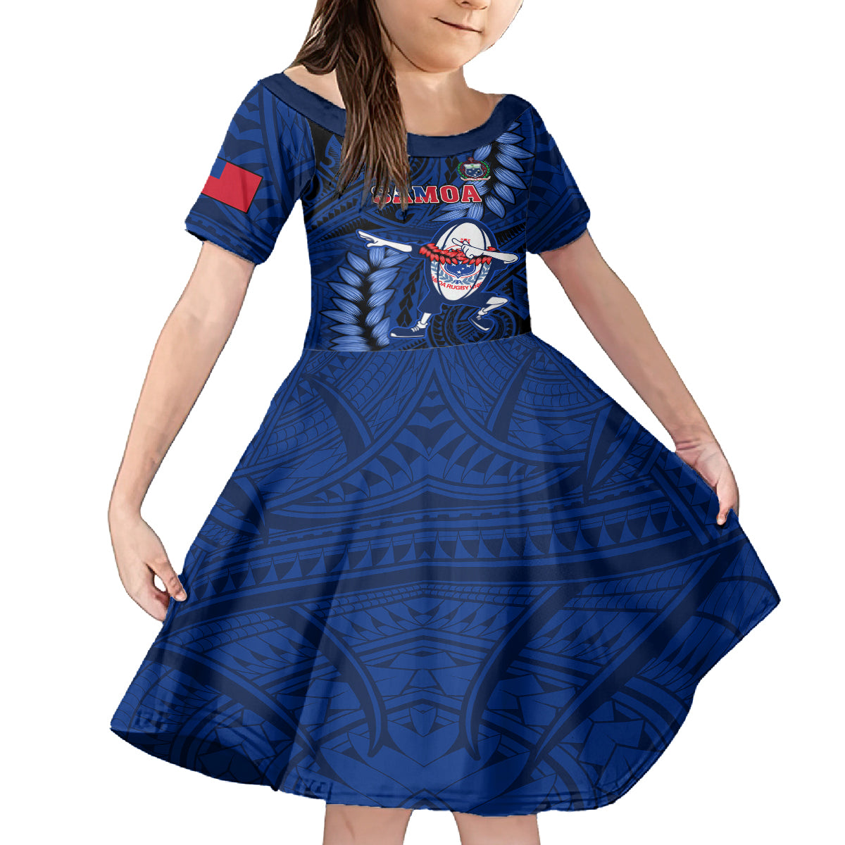 Custom Samoa Rugby Kid Short Sleeve Dress Manu Samoa Ula Fala Dabbing Ball Polynesian Blue Version - Wonder Print Shop