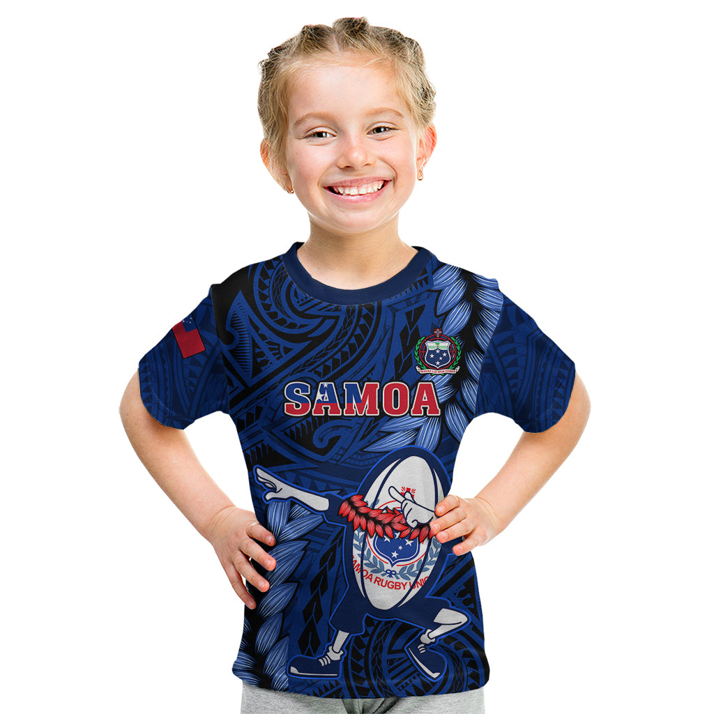 Custom Samoa Rugby Kid T Shirt Manu Samoa Ula Fala Dabbing Ball Polynesian Blue Version - Wonder Print Shop