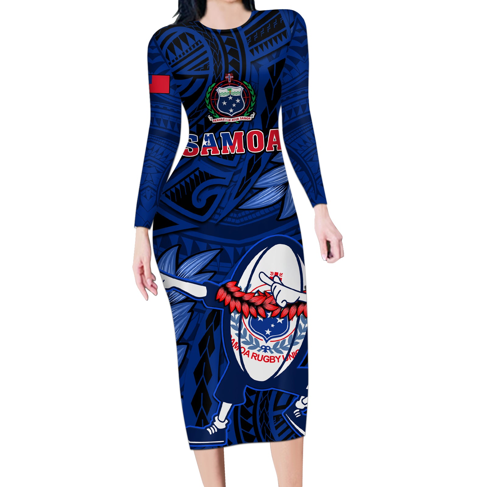 Custom Samoa Rugby Long Sleeve Bodycon Dress Manu Samoa Ula Fala Dabbing Ball Polynesian Blue Version - Wonder Print Shop