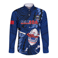 Blue long-sleeve button rugby shirt with front Samoa graphic and crest