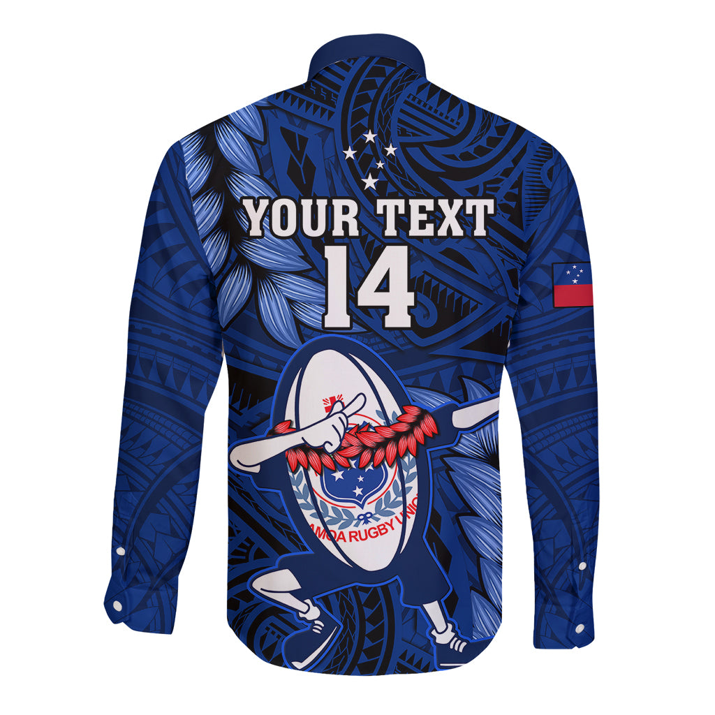 Blue long-sleeve button rugby shirt with back 14 and dancer graphic
