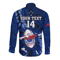 Blue long-sleeve button rugby shirt with back 14 and dancer graphic