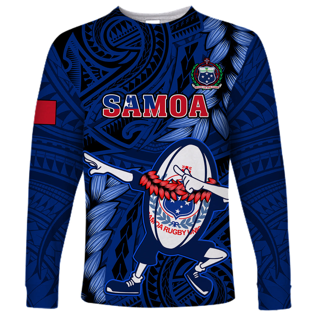 Custom Samoa Rugby Long Sleeve Shirt Manu Samoa Ula Fala Dabbing Ball Polynesian Blue Version - Wonder Print Shop