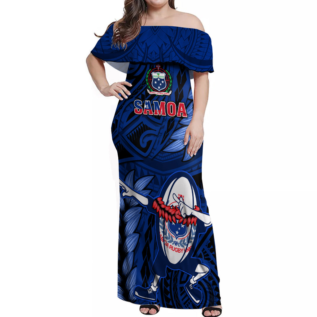 Custom Samoa Rugby Off Shoulder Maxi Dress Manu Samoa Ula Fala Dabbing Ball Polynesian Blue Version - Wonder Print Shop