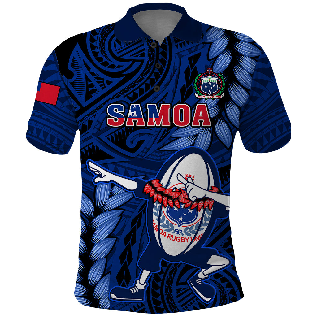 Custom Samoa Rugby Polo Shirt Manu Samoa Ula Fala Dabbing Ball Polynesian Blue Version - Wonder Print Shop