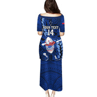 Blue long dress with back print: 'YOUR TEXT 14' and Polynesian pattern