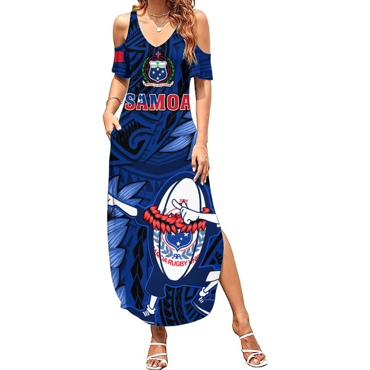 Custom Samoa Rugby Summer Maxi Dress Manu Samoa Ula Fala Dabbing Ball Polynesian Blue Version - Wonder Print Shop