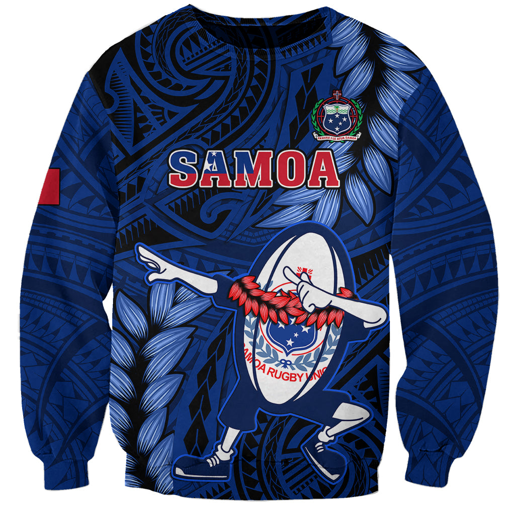 Custom Samoa Rugby Sweatshirt Manu Samoa Ula Fala Dabbing Ball Polynesian Blue Version - Wonder Print Shop