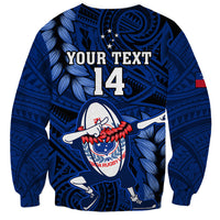 Blue unisex rugby sweatshirt with 'YOUR TEXT' 14 and dabbing player back graphic