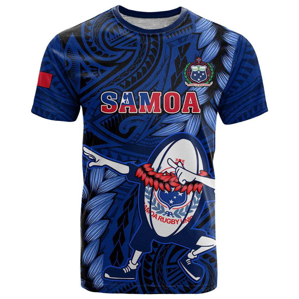 Custom Samoa Rugby T Shirt Manu Samoa Ula Fala Dabbing Ball Polynesian Blue Version - Wonder Print Shop