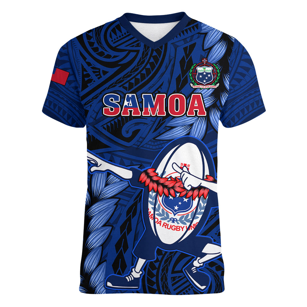 custom-samoa-rugby-women-v-neck-t-shirt-manu-samoa-ula-fala-dabbing-ball-polynesian-blue-version