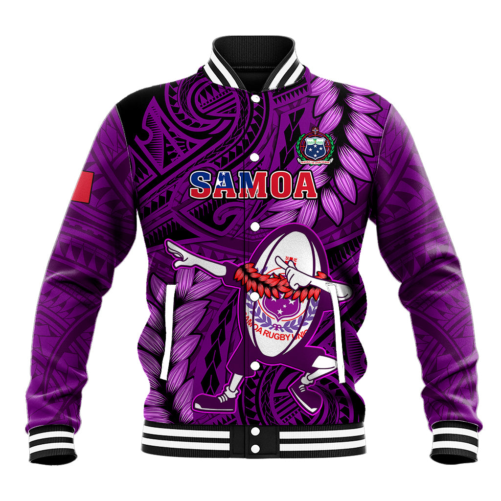 Purple rugby baseball jacket with striped cuffs and front snap buttons, SAMOA graphic