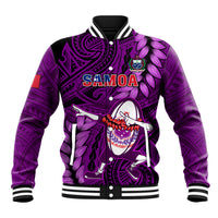 Purple rugby baseball jacket with striped cuffs and front snap buttons, SAMOA graphic
