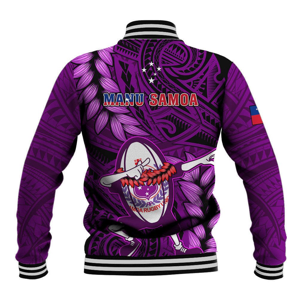 Purple rugby baseball jacket with striped ribbed hem and MANU SAMOA back graphic
