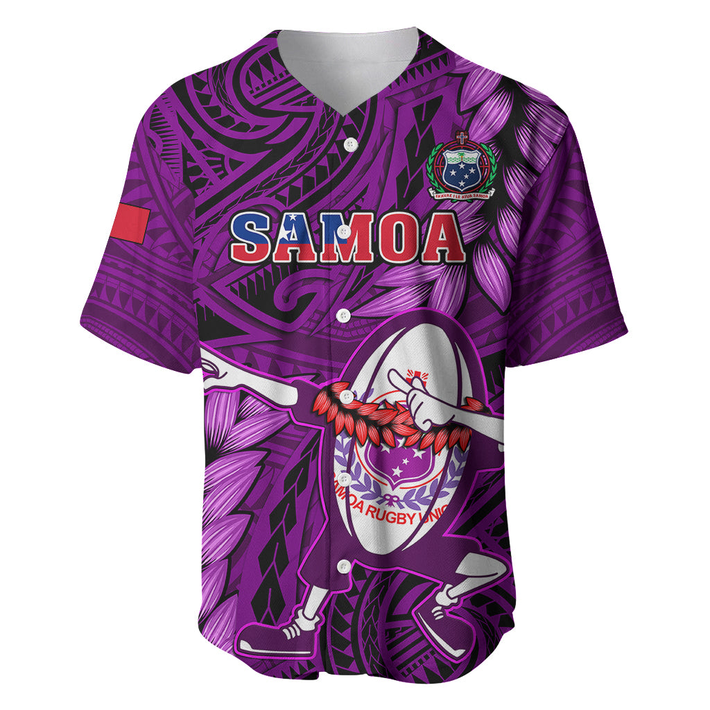 Purple rugby-style baseball jersey with open collar, SAMOA front print and crest