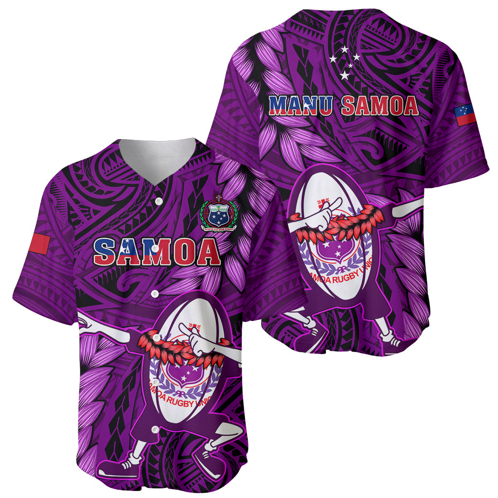 Purple rugby baseball jersey set showing front SAMOA print and back MANU SAMOA graphic