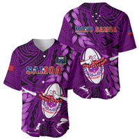 Purple rugby baseball jersey set showing front SAMOA print and back MANU SAMOA graphic