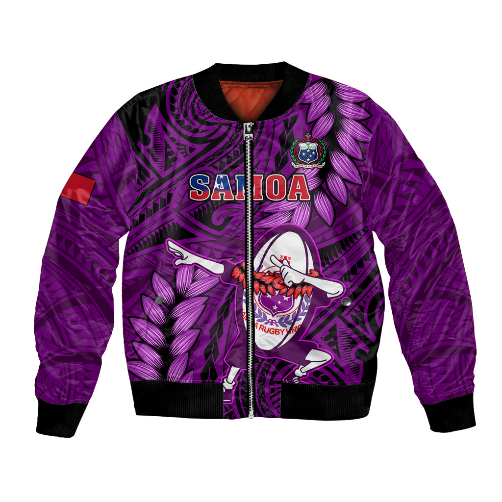 Purple bomber jacket with front zip, black ribbed cuffs, rugby character print