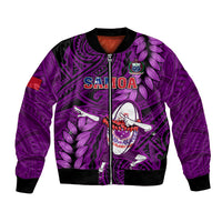 Purple bomber jacket with front zip, black ribbed cuffs, rugby character print