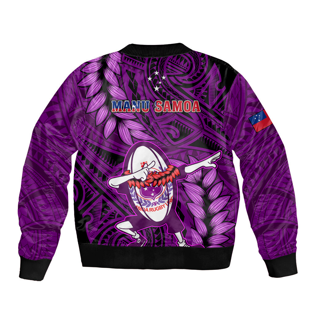 Purple bomber jacket, back/side view with rugby character and leaf pattern, black ribbing
