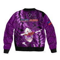 Purple bomber jacket, back/side view with rugby character and leaf pattern, black ribbing