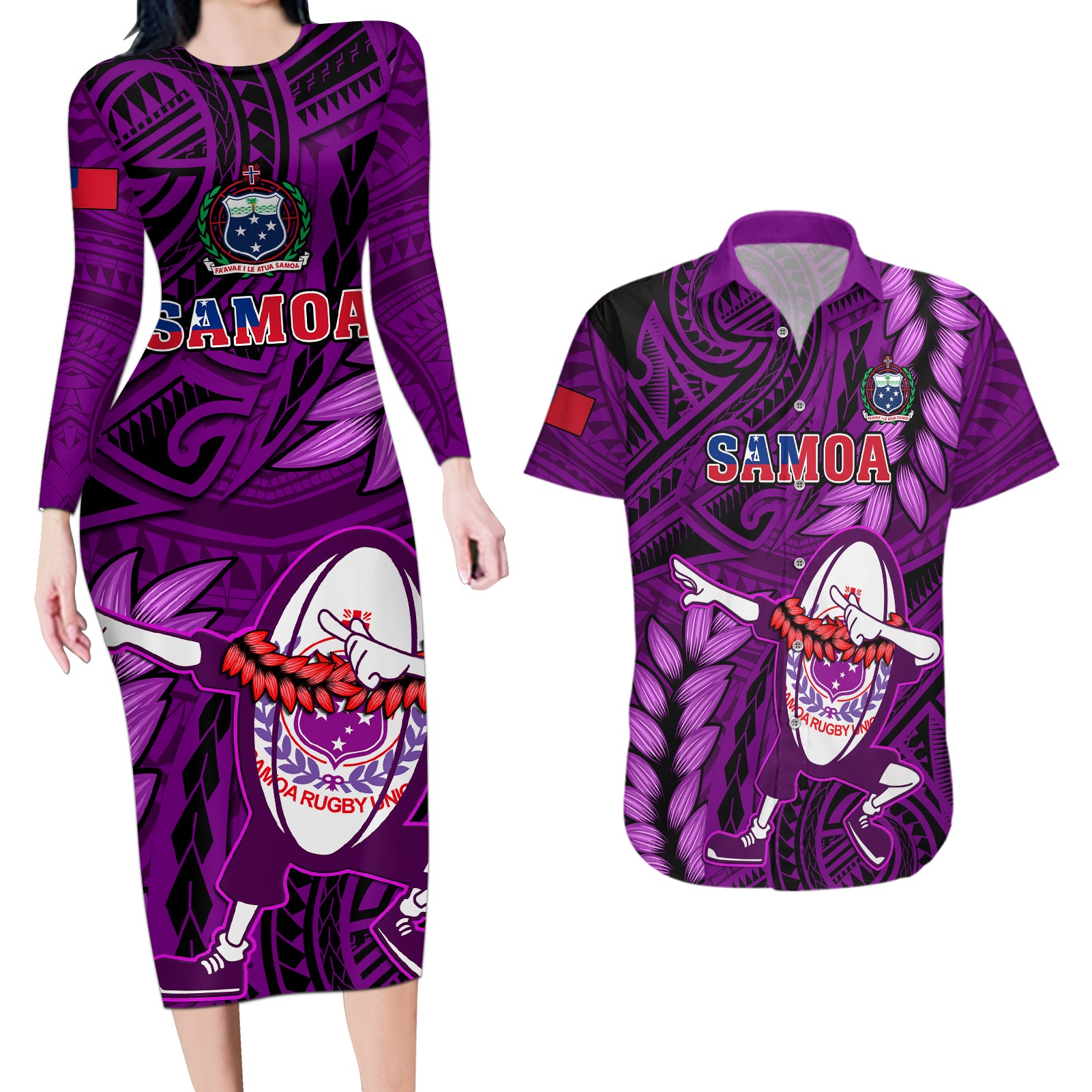 Samoa Rugby Couples Matching Long Sleeve Bodycon Dress and Hawaiian Shirt Manu Samoa Ula Fala Dabbing Ball Polynesian Purple Version - Wonder Print Shop