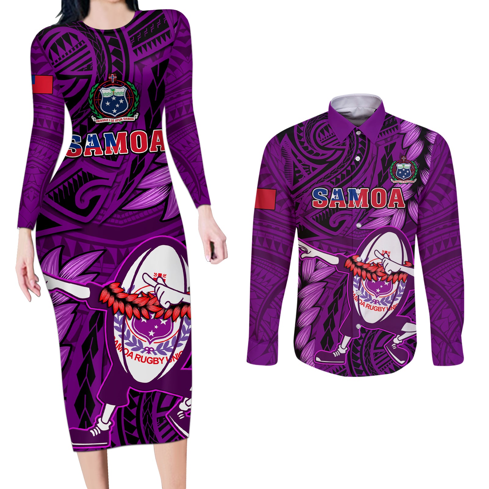 Samoa Rugby Couples Matching Long Sleeve Bodycon Dress and Long Sleeve Button Shirts Manu Samoa Ula Fala Dabbing Ball Polynesian Purple Version - Wonder Print Shop