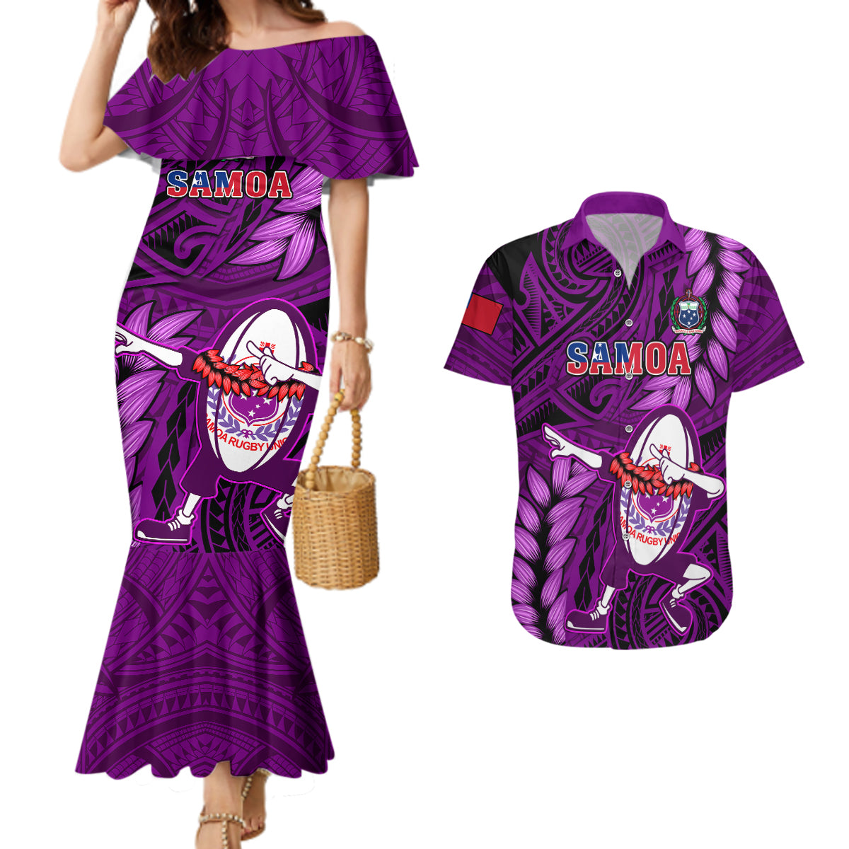 Samoa Rugby Couples Matching Mermaid Dress and Hawaiian Shirt Manu Samoa Ula Fala Dabbing Ball Polynesian Purple Version - Wonder Print Shop