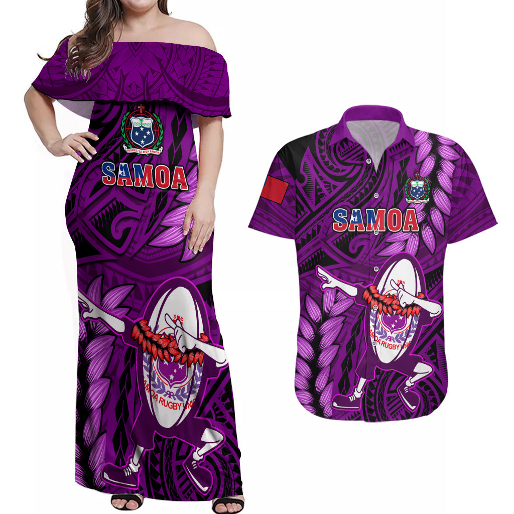 Samoa Rugby Couples Matching Off Shoulder Maxi Dress and Hawaiian Shirt Manu Samoa Ula Fala Dabbing Ball Polynesian Purple Version - Wonder Print Shop