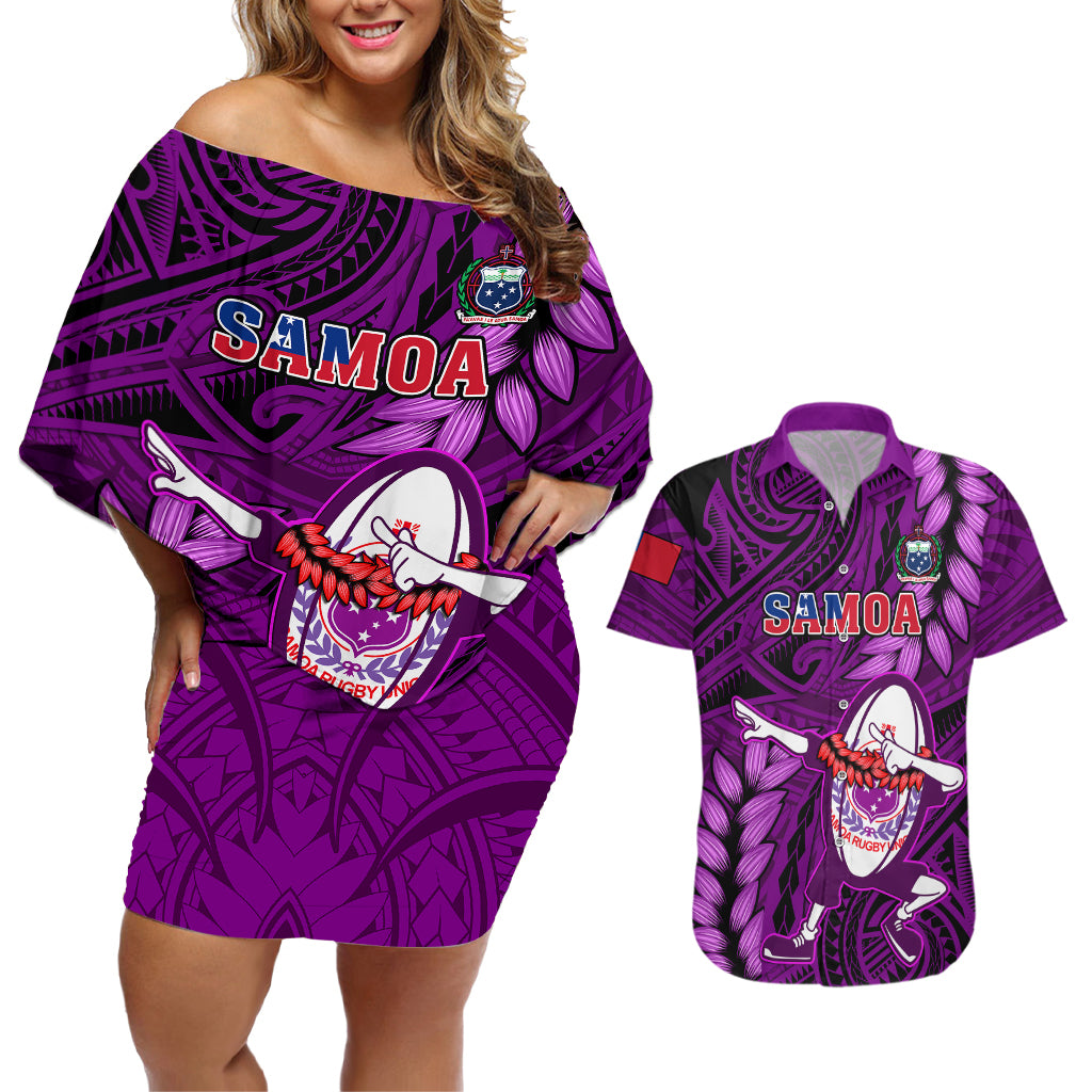 Samoa Rugby Couples Matching Off Shoulder Short Dress and Hawaiian Shirt Manu Samoa Ula Fala Dabbing Ball Polynesian Purple Version - Wonder Print Shop