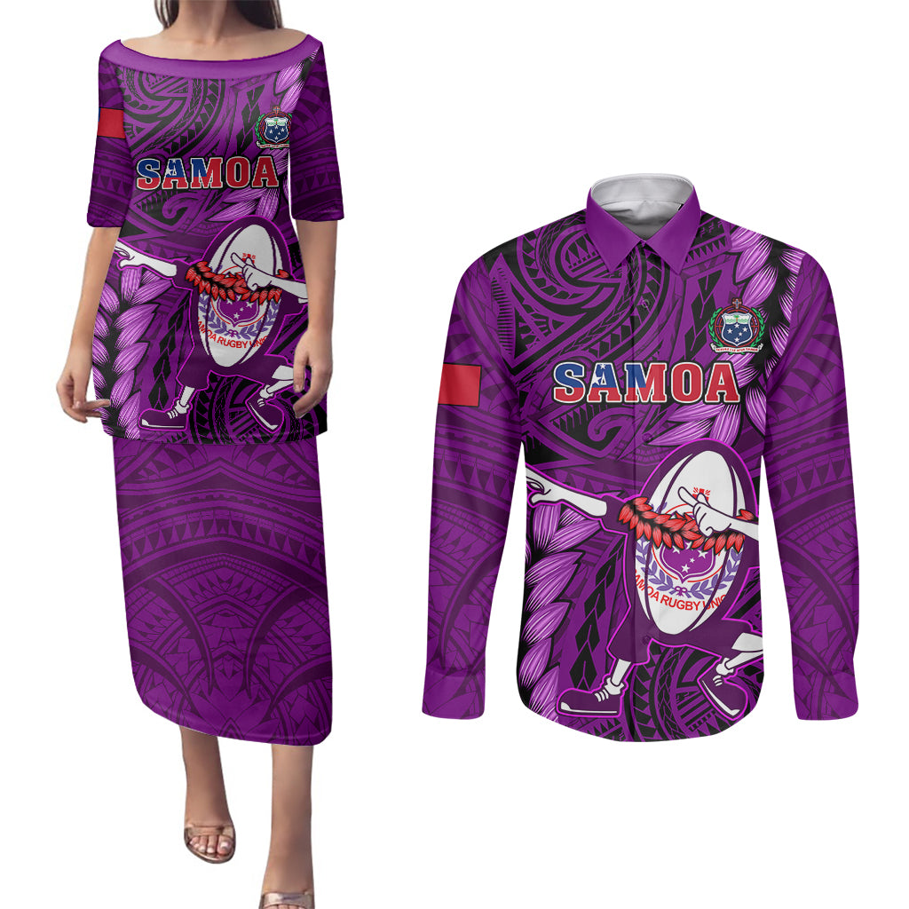 Samoa Rugby Couples Matching Puletasi Dress and Long Sleeve Button Shirts Manu Samoa Ula Fala Dabbing Ball Polynesian Purple Version - Wonder Print Shop