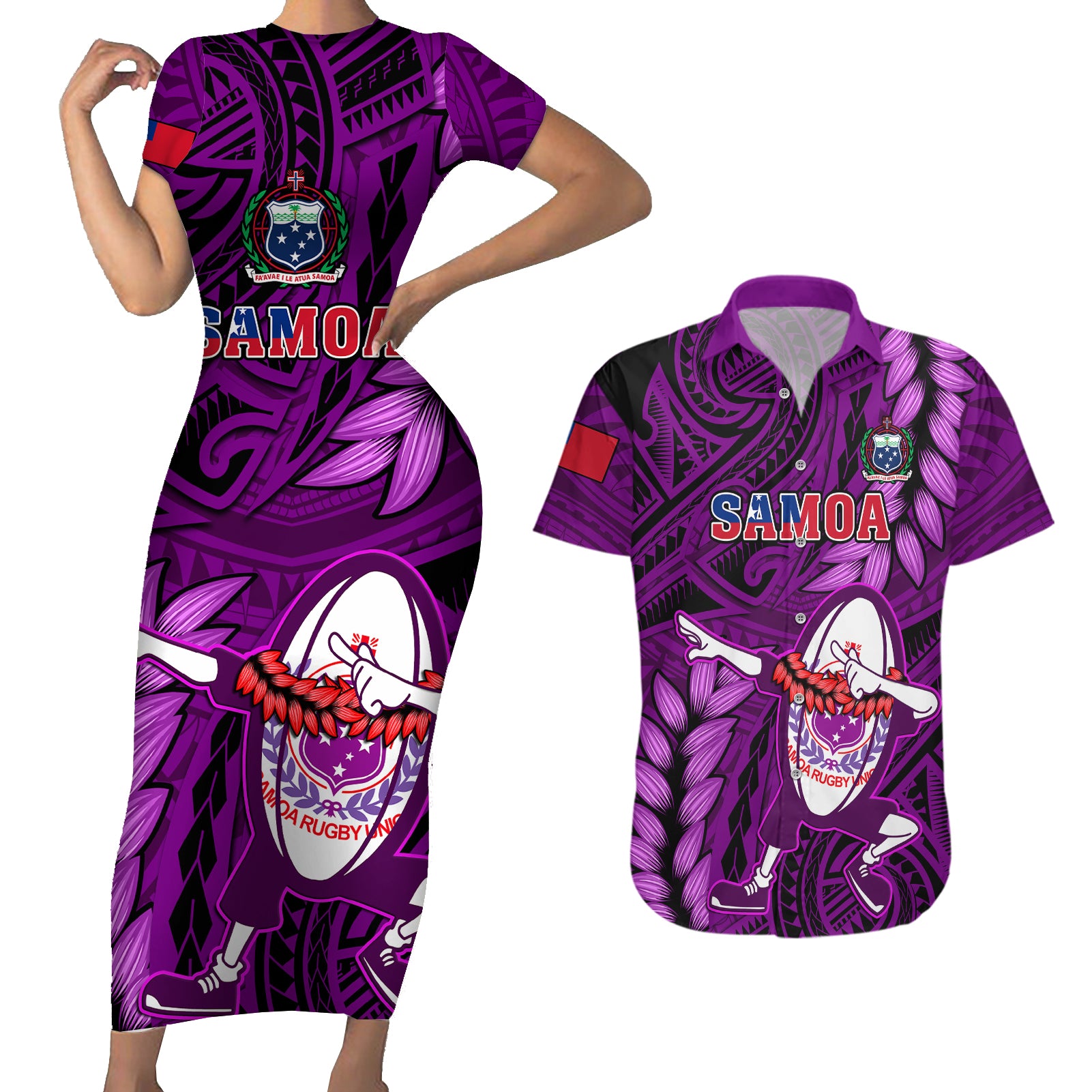 Samoa Rugby Couples Matching Short Sleeve Bodycon Dress and Hawaiian Shirt Manu Samoa Ula Fala Dabbing Ball Polynesian Purple Version - Wonder Print Shop