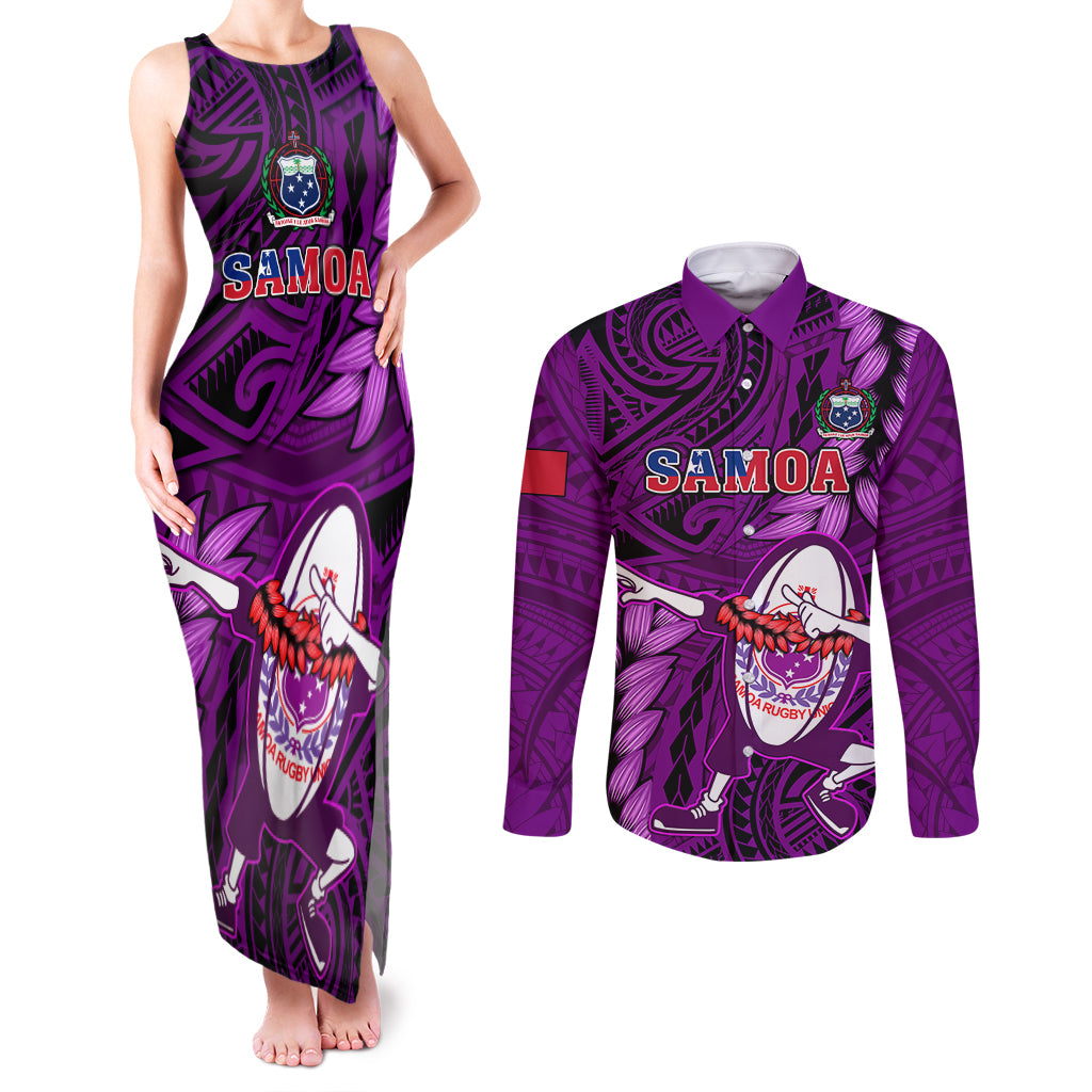 Samoa Rugby Couples Matching Tank Maxi Dress and Long Sleeve Button Shirts Manu Samoa Ula Fala Dabbing Ball Polynesian Purple Version - Wonder Print Shop