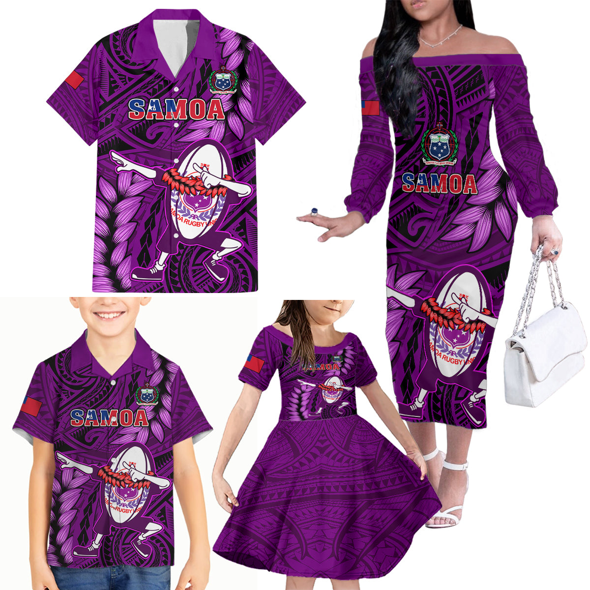 Samoa Rugby Family Matching Off Shoulder Long Sleeve Dress and Hawaiian Shirt Manu Samoa Ula Fala Dabbing Ball Polynesian Purple Version - Wonder Print Shop