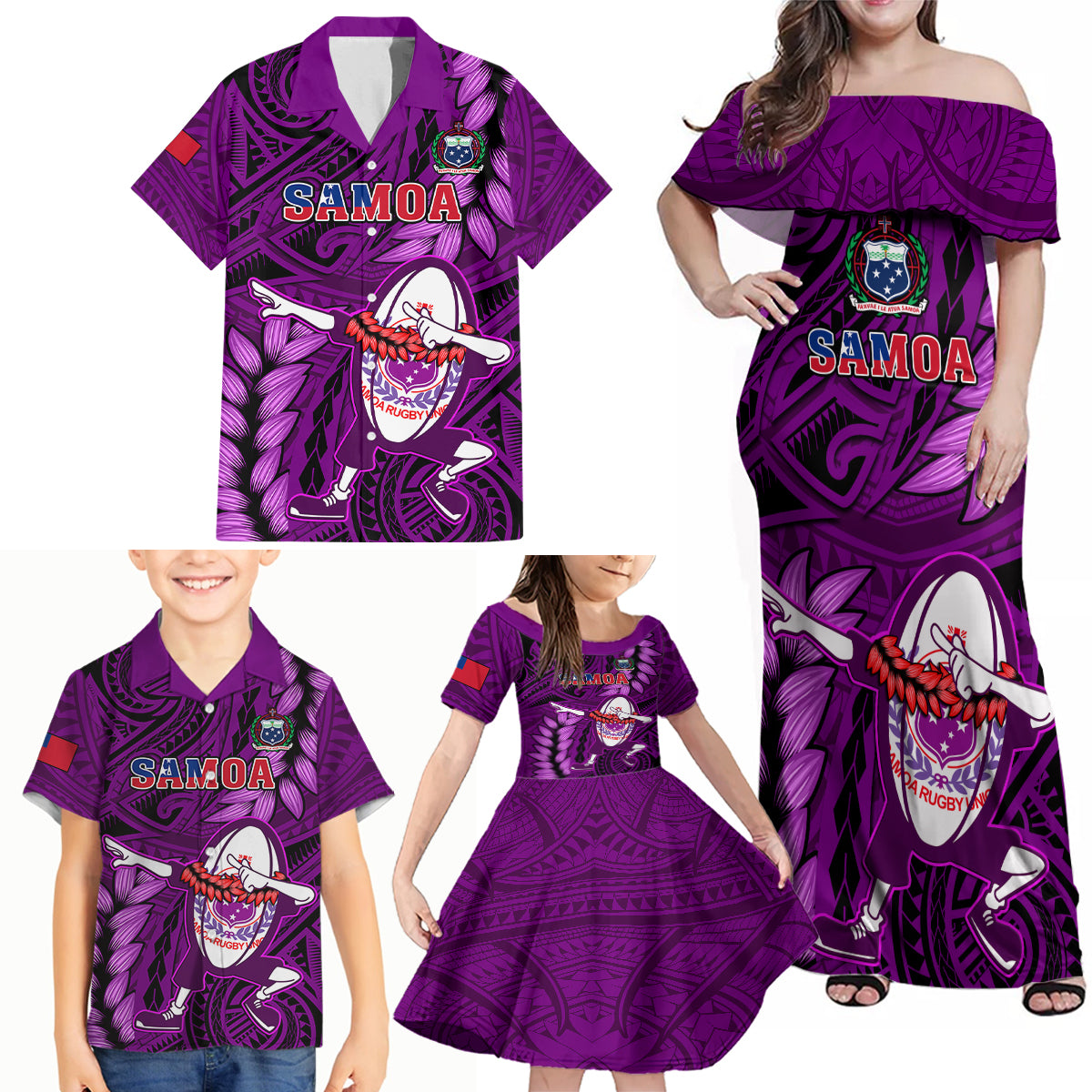 Samoa Rugby Family Matching Off Shoulder Maxi Dress and Hawaiian Shirt Manu Samoa Ula Fala Dabbing Ball Polynesian Purple Version - Wonder Print Shop