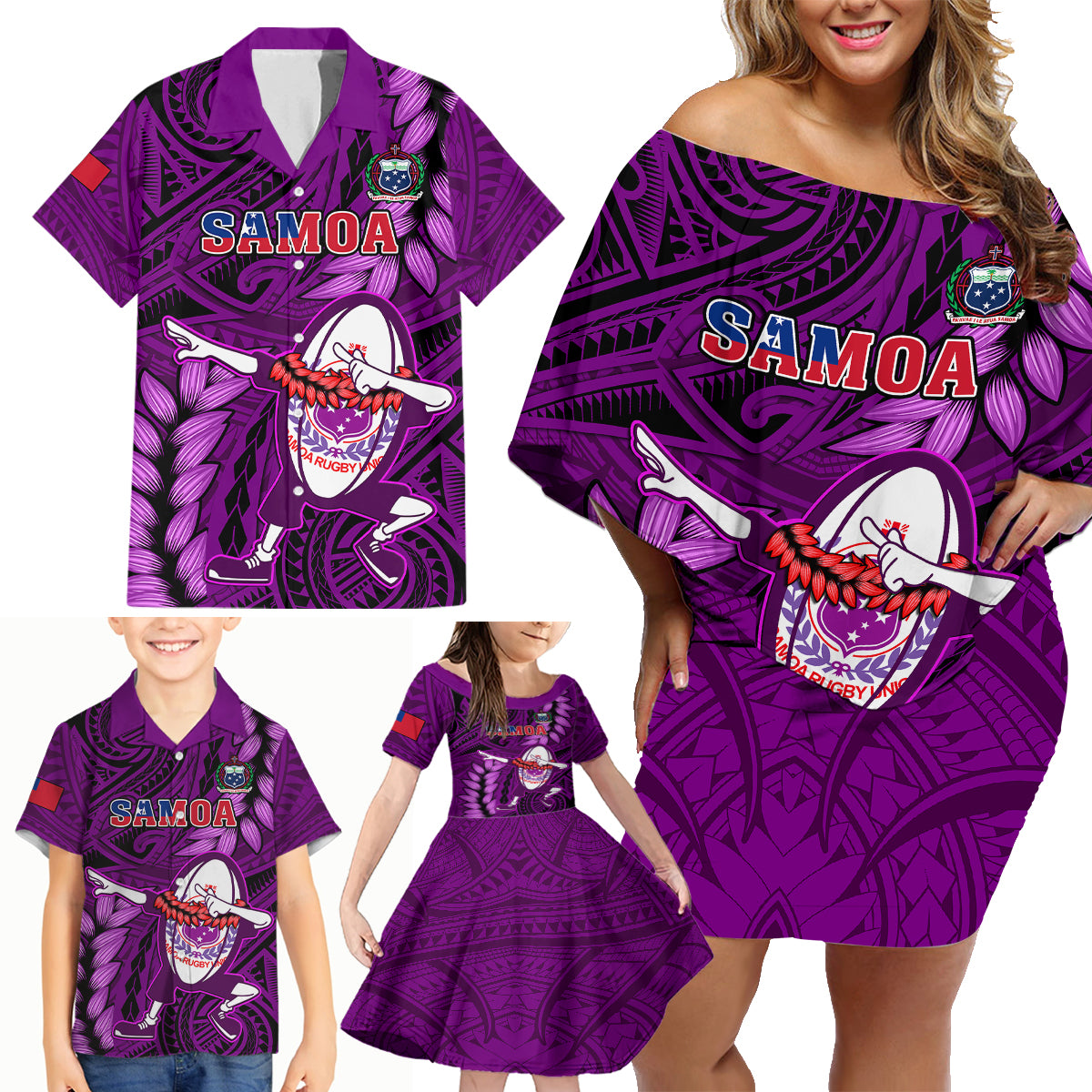 Samoa Rugby Family Matching Off Shoulder Short Dress and Hawaiian Shirt Manu Samoa Ula Fala Dabbing Ball Polynesian Purple Version - Wonder Print Shop