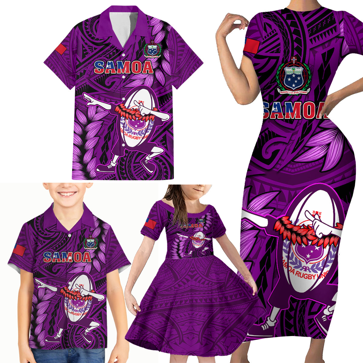 Samoa Rugby Family Matching Short Sleeve Bodycon Dress and Hawaiian Shirt Manu Samoa Ula Fala Dabbing Ball Polynesian Purple Version - Wonder Print Shop