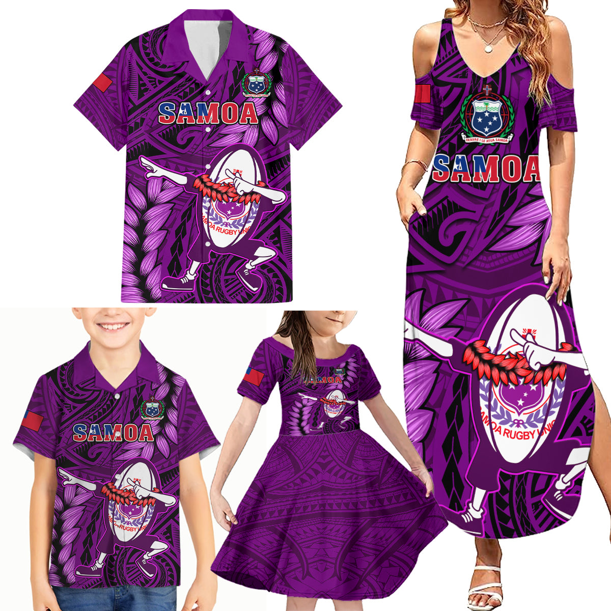 Samoa Rugby Family Matching Summer Maxi Dress and Hawaiian Shirt Manu Samoa Ula Fala Dabbing Ball Polynesian Purple Version - Wonder Print Shop