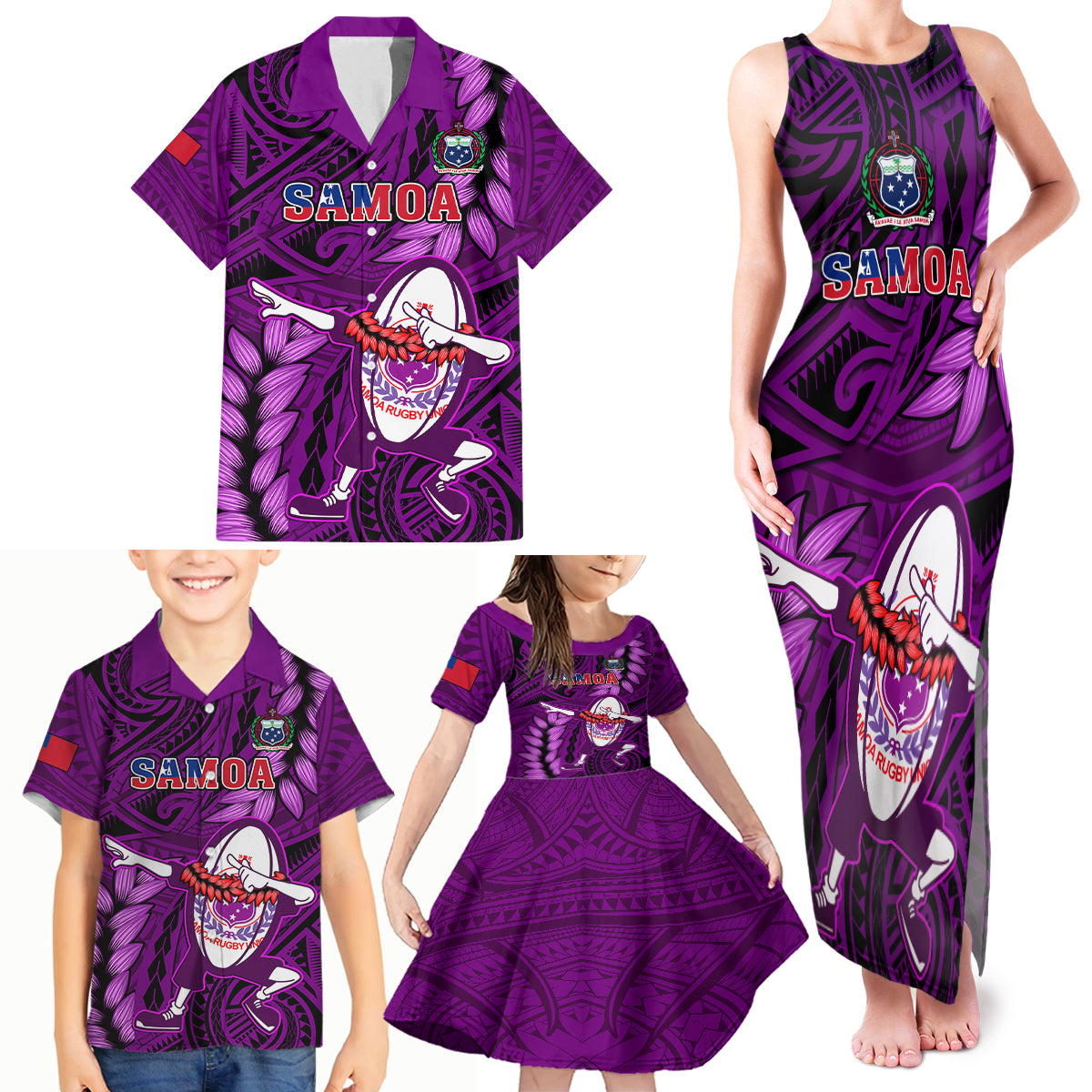 Samoa Rugby Family Matching Tank Maxi Dress and Hawaiian Shirt Manu Samoa Ula Fala Dabbing Ball Polynesian Purple Version - Wonder Print Shop