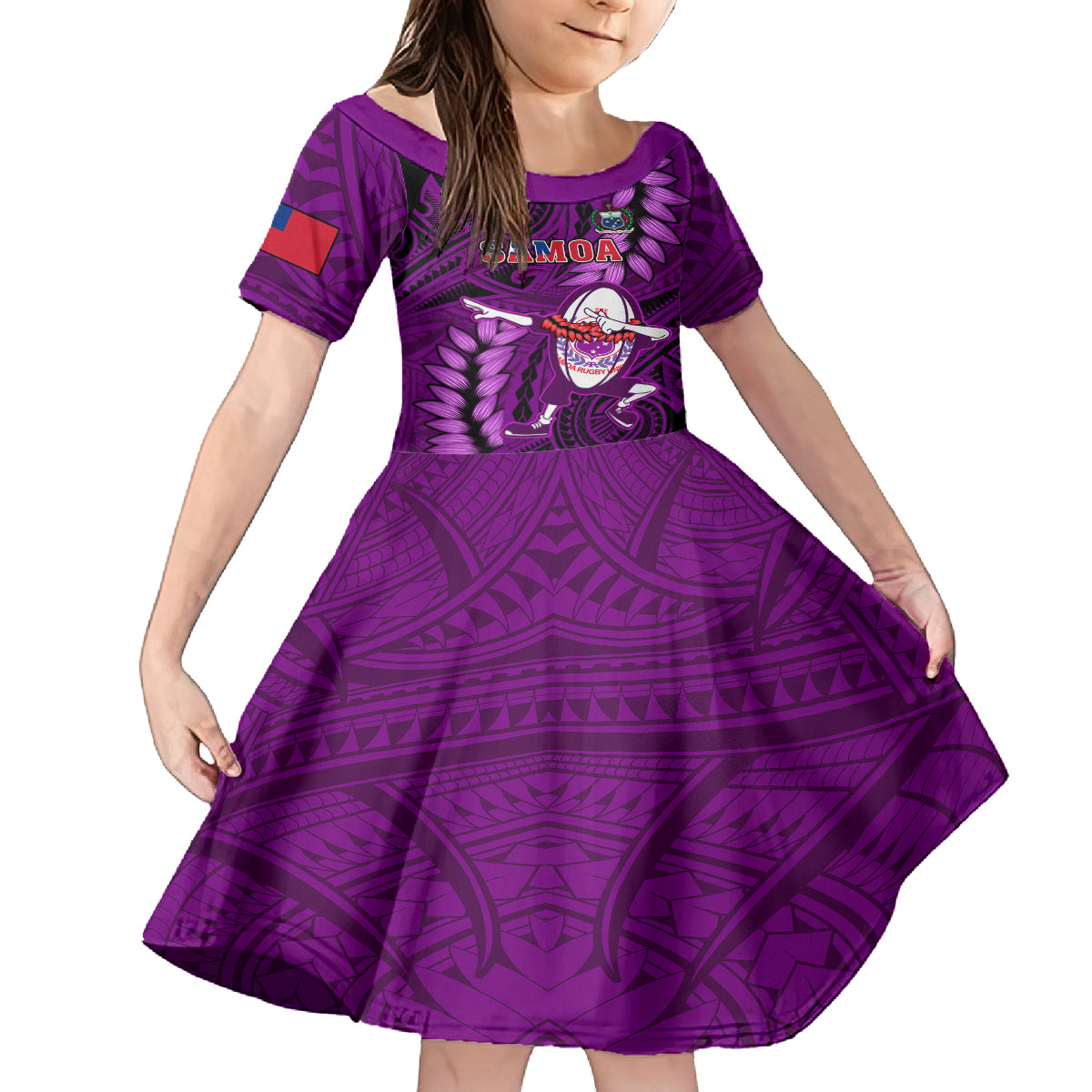 Samoa Rugby Kid Short Sleeve Dress Manu Samoa Ula Fala Dabbing Ball Polynesian Purple Version - Wonder Print Shop