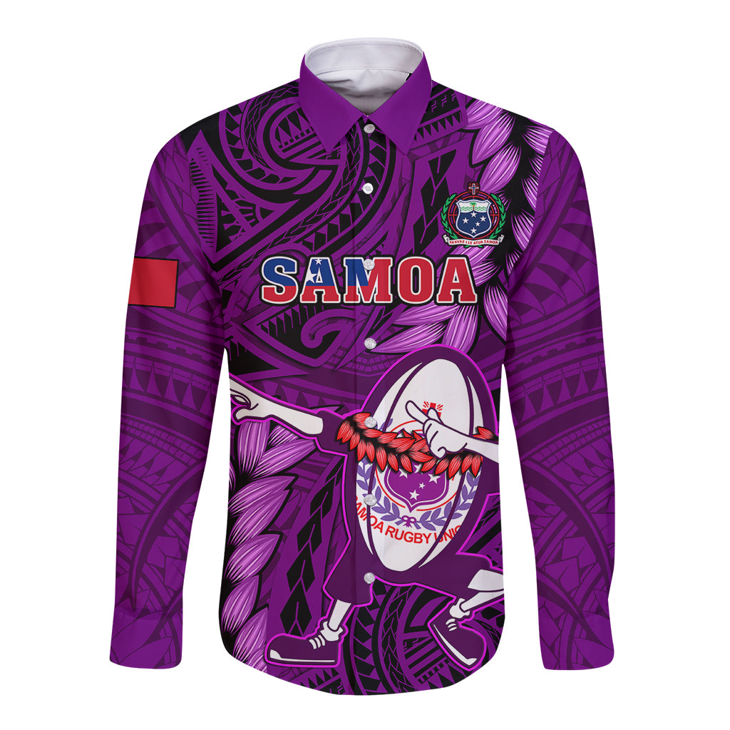 Purple rugby long-sleeve button shirt with bold tribal print and Samoa graphic