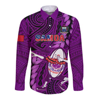 Purple rugby long-sleeve button shirt with bold tribal print and Samoa graphic