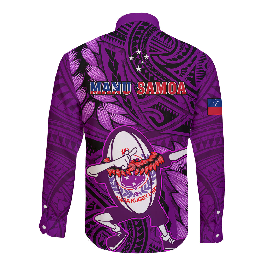 Purple rugby long-sleeve button shirt, full tribal print, MANU SAMOA and logo